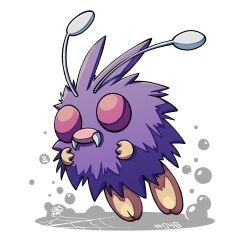  antennae fangs full_body highres mistray-art no_humans pokemon pokemon_(creature) purple_fur signature simple_background solo venonat white_background 