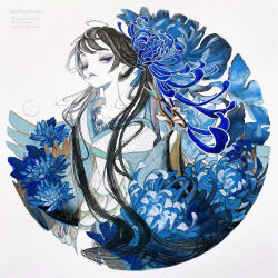  1girl absurdres black_hair blue_eyes blue_kimono blue_theme closed_mouth collarbone colored_fingertips commentary_request eyelashes eyeshadow floating_hair flower flower_tattoo hair_ornament half-closed_eyes highres holding holding_scissors japanese_clothes karaginu_mo kimono layered_kimono lips long_hair looking_at_viewer looking_down makeup neck original print_kimono purple_eyeshadow scissors shiguretau sidelocks solo tattoo traditional_media twintails twitter_username wide_sleeves 