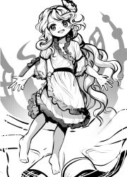  1girl :d barefoot blush_stickers clam_shell_ornament commentary_request dress frilled_dress frilled_shirt_collar frilled_sleeves frills full_body greyscale hair_ornament highres long_hair monochrome oyster shell shell_hair_ornament smile solo suna_(s73d) touhou very_long_hair watari_nina wavy_hair 