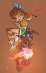  1girl artist_name bop_(2strokeserow) bow brown_background brown_hair earrings fingerless_gloves gloves green_shorts hair_bow highres jacket jewelry knee_pads long_hair looking_at_viewer mario_kart mario_kart_world motor_vehicle motorcycle orange_gloves orange_jacket princess_daisy princess_daisy_(touring) shoes shorts simple_background smile sneakers super_mario_bros. 