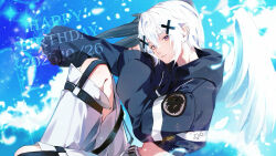 1boy angel_wings blue_hoodie blue_sky clothing_cutout clouds cropped_hoodie dated hair_between_eyes hair_ornament happy_birthday highres hood hoodie knee_up leg_cutout light_particles looking_at_viewer male_focus melt_(meteorites) meteorites_(stpr) pants parted_lips short_hair sky sleeves_past_wrists smile solo violet_eyes white_hair white_pants white_wings wings x_hair_ornament ymayma_da 