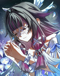  1girl absurdres bare_shoulders black_hair blunt_bangs blunt_tresses closed_eyes closed_mouth columbina_(genshin_impact) commentary genshin_impact hair_ribbon hands_up highres light_smile long_hair multicolored_hair purple_hair revision ribbon rishaku_(user_cuwx8758) solo streaked_hair two-tone_hair upper_body white_ribbon 
