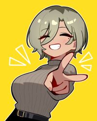  1girl belt blush breasts brown_hair brown_sweater closed_eyes dark-skinned_female dark_skin girls_band_cry grin hair_between_eyes highres jorang_(jorang08) long_sleeves medium_breasts mole mole_under_eye notice_lines outline outstretched_arm reaching reaching_towards_viewer rupa_(girls_band_cry) short_hair simple_background smile solo sweater sweater_tucked_in upper_body v white_outline yellow_background 