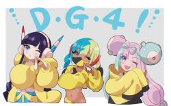  3girls ;o aqua_hair black_hair blonde_hair blue_eyes blue_hair canari_(pokemon) character_hair_ornament cropped_jacket dark-skinned_female dark_skin elesa_(pokemon) fang hair_ornament headphones iono_(pokemon) jacket long_hair long_sleeves looking_at_viewer mask mizuiro123 mouth_mask multicolored_hair multiple_girls navel one_eye_closed pink_eyes pink_hair pokemon pokemon_bw2 pokemon_legends:_z-a pokemon_sv puffy_sleeves short_hair short_hair_with_long_locks sidelocks skin_fang sleeves_past_fingers sleeves_past_wrists split-color_hair twintails two-tone_hair violet_eyes yellow_jacket 