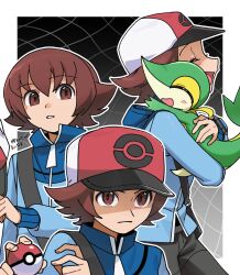  1boy blue_jacket brown_eyes brown_hair closed_mouth commentary_request hands_up hat highres hilbert_(pokemon) hitotose_rinne holding holding_poke_ball holding_pokemon holding_unworn_clothes holding_unworn_hat jacket long_sleeves male_focus multiple_views poke_ball poke_ball_(basic) pokemon pokemon_(creature) pokemon_bw short_hair snivy strap unworn_hat unworn_headwear xtransceiver zipper_pull_tab 