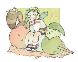  1girl :&gt; bike_shorts blue_hair border brown_fur chikorita dango food full_body green_background green_eyes hat jacket katiko kris_(pokemon) long_hair looking_at_another petals pokemon pokemon_(creature) pokemon_gsc red_eyes sentret shoes simple_background sitting smile twintails wagashi white_border white_jacket white_shoes yellow_hat 