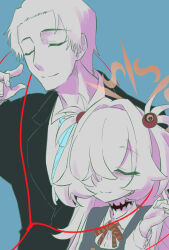  1boy 1girl absurdres black_choker black_suit blue_archive blue_background blue_necktie brown_ribbon choker closed_eyes collared_shirt commentary_request earphones eyeball_hair_ornament facing_viewer grey_hair hair_intakes hair_over_one_eye halo hand_up height_difference highres kanoe_(blue_archive) limited_palette long_hair long_sleeves nakamobu neck_ribbon necktie nose one_eye_covered orange_halo ribbon school_uniform sensei_(blue_archive) shared_earphones shirt short_hair simple_background spiky_hair suit two_side_up upper_body white_shirt 