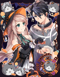  1boy 1girl animal_ears blonde_hair blue_eyes blue_hair collar cosplay eiyuu_densetsu elaine_auclair fake_animal_ears halloween halloween_bucket halloween_costume halterneck hat highres kuro_no_kiseki_(series) kuro_no_kiseki_i mishy pumpkin van_arkride werewolf_costume willfin witch witch_hat wolf_ears 