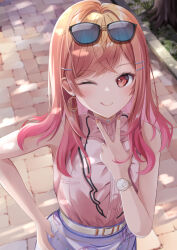  1girl :q belt belt_buckle blurry blurry_background blush brick_road buckle commentary_request crossed_bangs dappled_sunlight earrings eyewear_on_head from_above gradient_hair hair_ornament hairclip hand_on_own_hip highres hololive hololive_dev_is humime ichijou_ririka ichijou_ririka_(1st_costume) inward_v jewelry looking_at_viewer medium_hair multicolored_hair nail_polish one_eye_closed orange_eyes orange_hair orange_nails outdoors pink_shirt shirt shirt_tucked_in sleeveless sleeveless_shirt smile solo standing sunglasses sunlight swept_bangs tongue tongue_out tree upper_body v virtual_youtuber watch watch white_belt 