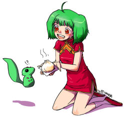  !? ahoge ai-kun ankle_socks archived_source black_eyes blush breasts china_dress chinese_clothes commentary_request creature dress fang flats food green_hair green_tail jung_han-na knee_blush korean_commentary long_tail lower_eyelashes_only macross macross_frontier mandarin_collar medium_hair nose_blush open_mouth orange_shirt ranka_lee red_dress red_eyes red_shoes red_sleeves shadow shirt shoes short_dress short_sleeves side_slit signature small_breasts socks steamed_bun tail teeth tongue twintails undershirt upper_teeth_only vajra_(macross) white_socks yellow_trim 
