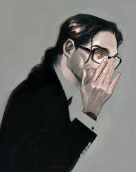  1boy beard_stubble black-framed_eyewear black_hair black_jacket brown_eyes collared_shirt ctkcave facial_hair from_side glasses grey_background grey_shirt hair_slicked_back jacket jewelry looking_at_viewer male_focus mature_male medium_hair one_eye_covered original ring shirt simple_background smile solo stubble suit_jacket upper_body watch watch 