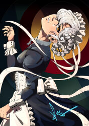  1girl absurdres apron blonde_hair boots braid braided_hair_rings breasts buttons chain chinzynator92 chronicles_of_the_siren_war collar concentric_circles cross_pendant dress empty_eyes frilled_apron frilled_dress frills from_side hair_bun hair_over_one_eye hair_ribbon hair_rings highres looking_at_viewer maid maid_apron maid_headdress metal_collar no_pupils puffy_sleeves ribbon shaft_look sheffield_(azur_lane) signature single_hair_bun solo thigh-highs waist_ribbon white_apron white_ribbon white_thighhighs yellow_eyes 