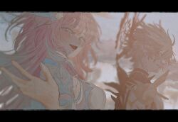  1boy 1girl alternate_form artist_name bare_shoulders black_border blonde_hair blue_eyes blue_flower blue_rose blue_sky blurry blurry_background blush border breasts clouds cloudy_sky commentary cyrene_(honkai:_star_rail) cyrene_(ripples_of_past_reverie)_(honkai:_star_rail) day dress fingernails floating_hair flower from_side hair_between_eyes hair_flower hair_ornament halo halo_behind_head hand_up hashtag-only_commentary highres honkai:_star_rail honkai_(series) long_hair long_hair_between_eyes looking_at_viewer medium_breasts multicolored_eyes multicolored_hair official_alternate_costume official_alternate_eye_color official_alternate_hair_color official_alternate_hairstyle open_mouth outdoors phainon_(honkai:_star_rail) phainon_(khaslana)_(honkai:_star_rail) pink_hair rose short_hair shoulder_spikes sidelocks sky sleeveless sleeveless_dress smile spikes streaked_hair teeth upper_body violet_eyes watermark white_dress white_flower white_hair white_rose y9iii1 yellow_eyes 