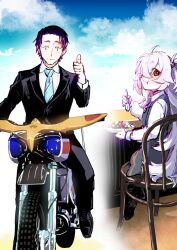  1boy 1girl :t absurdres black_eyes black_hair black_pants black_shoes black_suit blue_archive blue_necktie blue_sky blush bright_pupils chair closed_mouth collared_shirt commentary_request curry curry_rice day diagonal-striped_clothes diagonal-striped_necktie dress dress_shirt eating food full_body grey_dress grey_hair hair_over_one_eye hand_up highres holding holding_spoon kanoe_(blue_archive) long_bangs long_hair looking_at_viewer looking_back motor_vehicle motorcycle multicolored_eyes nakamobu necktie on_chair one_eye_closed orange_eyes outdoors pants pinafore_dress rice school_uniform sensei_(blue_archive) shirt shoes short_hair sitting sky sleeveless sleeveless_dress smile spiky_hair split_mouth spoon striped_clothes suit thumbs_up two-tone_eyes two_side_up very_long_hair white_pupils white_shirt 