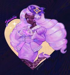  1girl ascot bow brooch character_name dark-skinned_female dark_skin dress fascinator fishnet_pantyhose fishnets frilled_ascot frilled_dress frills gelatako glove_bow gloves heart heart_background heart_hands high_heels highres jacinthe_(pokemon) jewelry juliet_sleeves leg_up long_hair long_sleeves looking_at_viewer low_drills mega_stone one_eye_closed pantyhose pokemon pokemon_legends:_z-a puffy_sleeves purple_dress purple_hair purple_shoes shoes standing standing_on_one_leg very_dark_skin violet_eyes white_gloves yellow_bow 
