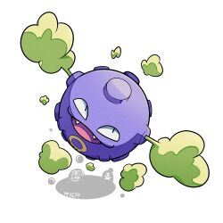  fangs full_body koffing looking_at_viewer mistray-art no_humans open_mouth pokemon pokemon_(creature) signature simple_background smoke solo white_background 