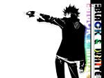  air_gear finger_gun fingerless_gloves from_behind gloves highres jacket male minami_itsuki monochrome official_art oh_great oogure_ito pants rainbow solo spiked_hair wallpaper white 