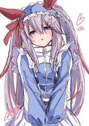  1girl absurdres alternate_costume amaxa animal_ears apron blue_eyes blue_headdress blue_jacket blush breasts ear_covers frilled_apron frills grey_hair hair_between_eyes hair_ornament heart highres horse_ears horse_girl jacket jersey_maid lightning_bolt_hair_ornament lightning_bolt_symbol long_hair long_sleeves looking_at_viewer maid maid_apron maid_headdress multicolored_hair open_mouth parted_lips red_hair simple_background solo streaked_hair tamamo_cross_(umamusume) track_jacket twintails umamusume unconventional_maid upper_body very_long_hair waist_apron white_apron white_background 