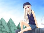  1girl blouse blue_blouse bracelet collar cute emiya-san_chi_no_kyou_no_gohan fate/hollow_ataraxia fate/kaleid_liner_prisma_illya fate/stay_night fate_(series) hat illyasviel_von_einzbern loli long_hair red_eyes shorts summer tagme white_hair 