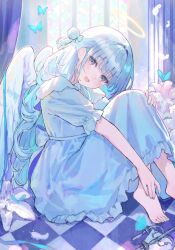 1girl angel angel_wings arl barefoot blue_eyes blush bug butterfly candle curtains dress feathered_wings flower halo happy highres indoors long_hair looking_at_viewer open_mouth original sitting solo white_dress white_hair window wings 
