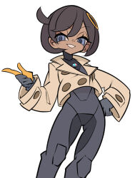  1girl black_bodysuit black_hair blue_eyes bodysuit bodysuit_under_clothes breasts brown_jacket cxdotchison dark-skinned_female dark_skin emma_(pokemon) gloves hair_ornament highres jacket latex latex_bodysuit looking_at_viewer mega_stone open_mouth orange_gloves pokemon pokemon_legends:_z-a short_hair simple_background smile solo two-tone_gloves white_background 