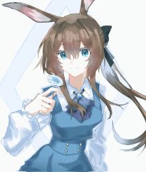  1girl amiya_(arknights) animal_ears arknights blue_dress blue_eyes brown_hair closed_mouth collared_shirt commentary_request corrupted_twitter_file dress flower gem hair_between_eyes highres holding holding_flower hosinoyuu1005 long_hair long_sleeves looking_at_viewer pinafore_dress shirt sidelocks sleeveless sleeveless_dress smile solo split_mouth white_background white_flower white_shirt 
