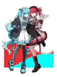  2girls ;d apron aqua_eyes aqua_hair aqua_necktie aqua_shoes aqua_thighhighs black_apron black_boots black_hairband black_jacket black_thighhighs boots cake cake_slice collared_dress commentary cream dress drill_hair food fruit full_body grey_dress hairband hatsune_miku highres holding jacket kasane_teto kasane_teto_(sv) leg_up long_hair maid_headdress multiple_girls necktie one_eye_closed open_clothes open_jacket plate red_hair shoes sirotuki smile strawberry symbol-only_commentary synthesizer_v thigh-highs tongue twin_drills twintails two-tone_thighhighs utau very_long_hair vocaloid waist_apron white_apron white_background 