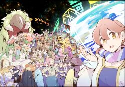  :d absolutely_everyone absurdres alien android apocalypse_hotel brown_hair bunbuku_procione chef_robot_(apocalypse_hotel) doorman_robot_(apocalypse_hotel) everyone family flycatcher_robot fuguri_procione grey_hair hand_up harmy_(apocalypse_hotel) highres hug iori_(apocalypse_hotel) kankyou_check_robo long_sleeves mami_procione mujina_procione_(apocalypse_hotel) owner_(apocalypse_hotel) pink_hair planet ponko_procione riri_(dgra3272) scarf smile space striped_clothes striped_scarf yachiyo_(apocalypse_hotel) 