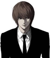  1boy black_necktie brown_eyes brown_hair closed_mouth collared_shirt death_note hair_between_eyes highres jacket looking_to_the_side male_focus necktie shirt short_hair simple_background solo sso_s suit_jacket upper_body white_background white_shirt yagami_light 