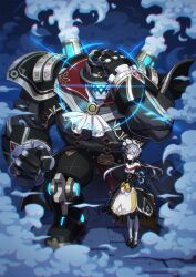  1girl black_dress black_hat diffraction_spikes dress english_commentary genshin_impact glowing glowing_eye half-closed_eyes hand_on_headwear hat highres looking_at_viewer pulonia_(genshin_impact) robot sandrone_(genshin_impact) steam zelo-lee 