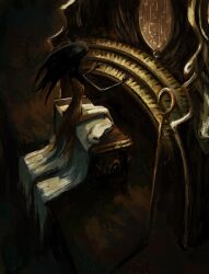  1other absurdres anelfchay arthropod_girl black_hair black_skin brown_dress colored_skin dress floating_hair highres hollow_knight hollow_knight:_silksong instrument mask music organ_(instrument) phantom_(hollow_knight) piano_bench pin_(hollow_knight) pipe_organ playing_instrument playing_piano sitting solo unworn_mask wavy_hair weapon white_mask 