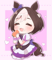  1girl absurdres animal_ears blush bow braid brown_hair carrot chibi chibi_only closed_eyes ear_bow ear_ribbon eating half_up_braid heart highres holding holding_carrot horse_ears horse_girl horse_tail jacket kurumiya_(krmy_p) multicolored_hair open_clothes open_jacket open_mouth purple_bow purple_ribbon purple_vest ribbon seiza shirt short_hair short_sleeves sitting skirt smile special_week_(special_dreamer)_(umamusume) special_week_(umamusume) tail thigh-highs two-tone_hair umamusume vest white_hair white_jacket white_shirt white_skirt white_thighhighs 