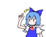  1girl blue_hair bow bust chibi cirno dai-oki hair_bow raised_hand short_hair simple_background solo touhou wallpaper white wings |_| 