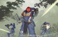  3boys absurdres adeptus_astartes aiming aiming_at_viewer armor artist_name battle belt_pouch black_loincloth bolter breastplate chainsword commentary dual_wielding english_commentary firing full_armor gauntlets grey_sky gun helmet highres holding holding_bolter holding_gun holding_weapon leaf loincloth male_focus motion_blur multiple_boys muzzle_flash omega_symbol outdoors pauldrons pouch power_armor projectile_trail purity_seal sci_(31134306) shoulder_armor skull sky sword tree ultramarines warhammer_40k weapon weapon_request winged_skull 