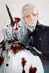  1boy black_gloves black_jacket blood blood_on_clothes blue_eyes blue_necktie cigarette collared_shirt corpse ctkcave earrings faceless facial_hair gloves goatee hair_slicked_back holding holding_cigarette holding_knife holding_weapon impaled jacket jewelry knife loose_hair_strand male_focus mature_male necktie noose old old_man original scar scar_on_face scar_on_mouth shirt short_hair simple_background single_earring smile snow snowing snowman solo striped_necktie watch watch weapon white_background white_hair white_shirt wristwatch_over_clothes 