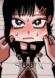  1boy 1girl absurdres black_eyes black_hair black_jacket black_necktie black_pants blush chainsaw_man cheek_pull food hair_ornament hairclip hansoom_(latebirdwakeup) higashiyama_kobeni highres ice_cream jacket knife looking_at_viewer necktie pant_suit pants pov shirt suit suit_jacket tearing_up violence_fiend_(chainsaw_man) white_shirt 