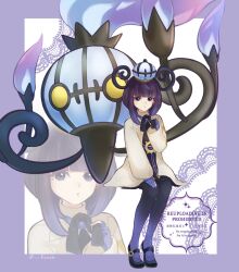  1girl absurdres belt belt_buckle black_dress black_pantyhose black_shoes blue_gloves blunt_bangs bob_cut border buckle chandelure closed_mouth coat dress eyelashes full_body gloves gwynn_(pokemon) hat highres long_sleeves looking_at_viewer o-ring o-ring_belt open_clothes open_coat outside_border pantyhose partially_fingerless_gloves pokemon pokemon_(creature) pokemon_legends:_z-a purple_border purple_hair ryusa_(gjgd7445) shoes short_hair twitter_username violet_eyes white_coat zoom_layer 