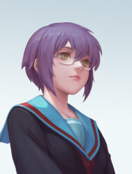  1girl bei_ju_luoxuan_wan black_serafuku blue_sailor_collar brown_eyes commentary_request expressionless from_below glasses kita_high_school_uniform nagato_yuki profile purple_hair sailor_collar school_uniform serafuku solo suzumiya_haruhi_no_yuuutsu upper_body 