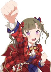  1girl 5th_live_tour_~4pair_power_spread!!!!~ absurdres blunt_bangs bow bowtie brown_hair clenched_hands collared_shirt commentary_request dress_shirt flower_stand_art hair_bow highres jacket kachimachi_kosuzu link!_like!_love_live! long_hair looking_at_viewer love_live! neck_ribbon official_alternate_costume open_clothes open_jacket plaid_bow plaid_bowtie plaid_clothes plaid_jacket plaid_skirt purple_skirt purple_vest raised_fist red_bow red_bowtie red_jacket red_skirt ribbon shirt sidelocks simple_background skirt solo taiyou_de_are! two-tone_skirt two_side_up vest virtual_youtuber white_background white_shirt yellow_ribbon zanpon 