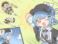  &gt;_&lt; 3girls ? arm_up black_bag black_capelet black_hat blonde_hair blue_hair blue_necktie blue_skirt braid braided_hair_rings capelet chibi chibi_only clenched_hand clouds commentary deerstalker flying green_background grey_vest hair_rings hat highres long_hair long_sleeves mahou_shoujo_no_majo_saiban multiple_girls multiple_views necktie one_eye_closed open_mouth punching sakuraba_ema sasa_kichi shirt short_hair skirt smile sparkle symbol-only_commentary tachibana_sherry tono_hanna twintails vest white_shirt yellow_eyes 