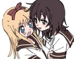  2girls blonde_hair blue_eyes bow bow_hairband brown_eyes brown_hair brown_sailor_collar chinese_commentary commentary_request funami_yui hair_bow hairband highres long_hair mirabilite0318 multiple_girls nanamori_school_uniform open_mouth parted_lips red_bow sailor_collar school_uniform serafuku shirt simple_background smile toshinou_kyouko white_background white_shirt yuri yuruyuri 