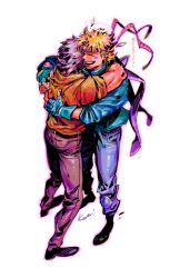  2boys ^_^ blonde_hair blue_gloves brown_jacket caesar_anthonio_zeppeli closed_eyes fingerless_gloves from_above full_body gloves happy headband hug jacket jojo_no_kimyou_na_bouken joseph_joestar joseph_joestar_(young) kotteri male_focus multiple_boys short_hair signature simple_background smile white_background 