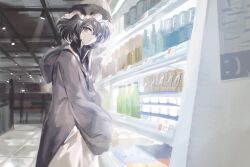  1other androgynous black_hat black_shirt ceiling_light chinese_commentary closed_mouth collared_shirt commentary_request cowboy_shot english_commentary expressionless food frilled_headwear hair_between_eyes hat high_collar highres hood hood_down hooded_jacket indoors jacket len&#039;en long_sleeves looking_at_viewer mixed-language_commentary mob_cap open_clothes open_jacket other_focus purple_hair purple_jacket shirt shitodo_kuroji shoes shoplifting short_hair sleeves_past_wrists solo standing supermarket tile_floor tiles violet_eyes white_shoes wide_sleeves yancao_(pixiv_103434280) 