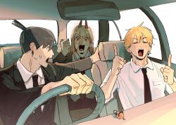  1girl 2boys black_necktie chainsaw_man cosplay demon_girl demon_horns denji_(chainsaw_man) hayakawa_aki highres horns multiple_boys necktie power_(chainsaw_man) power_(chainsaw_man)_(cosplay) red_horns ryucloudx sharp_teeth teeth topknot 