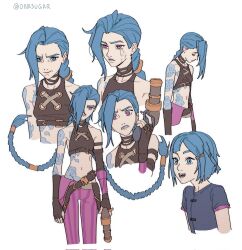  1girl age_progression arcane:_league_of_legends arcane_jinx arm_tattoo bare_shoulders black_choker black_gloves black_shirt blue_eyes blue_hair braid breasts child choker clenched_teeth closed_eyes cloud_tattoo cowboy_shot crop_top elbow_gloves fingerless_gloves furrowed_brow gloves gun highres holding holding_gun holding_weapon jinx_(league_of_legends) league_of_legends long_hair makeup midriff navel onasugar open_mouth pants parted_lips pink_eyes pink_pants runny_makeup shirt short_hair single_elbow_glove single_sidelock small_breasts smile solo stomach_tattoo striped_clothes striped_pants tattoo teeth twin_braids twitter_username very_long_hair weapon white_background 