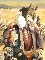  1boy 1girl :d ahoge animal_ear_fluff animal_hood bandaged_torso bell black_kimono blonde_hair blue_bow blue_bowtie bow bowtie brown_hair chain closed_eyes collar crossed_arms demon_horns detached_sleeves eyepatch fang fingernails fox_hood fox_mask fur-trimmed_jacket fur_trim hanaochi_pic haori head_tilt highres hood horns identity_v jacket japanese_clothes kimono laughing looking_at_another luca_balsa mask metal_collar neck_bell official_alternate_costume oni ponytail red_hood red_horns red_nails sharp_fingernails short_ponytail sleeveless sleeveless_kimono smile tracy_reznik wheat_field yellow_eyes 