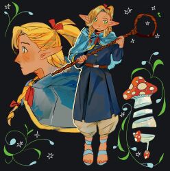  1girl alternate_skin_color asymmetrical_bangs baggy_pants belt belt_buckle beret black_background blonde_hair blue_cloak blue_dress blue_sandals braid brown_belt buckle chinese_commentary cloak closed_mouth commentary_request cropped_torso dark-skinned_female dark_skin darkened_skin dot_nose dress dungeon_meshi elf from_side full_body green_eyes hair_ribbon happy hat high_ponytail highres holding holding_staff hood hood_down hooded_cloak light_blush long_dress long_sleeves marcille_donato multiple_views mushroom neck_ribbon nostrils pants pants_under_dress parted_lips plant pleated_dress pointy_ears pointy_nose ponytail puffy_long_sleeves puffy_sleeves red_ribbon ribbon sandals side_braid single_braid smile sparkle staff standing toes vines walking_mushroom_(dungeon_meshi) white_pants xinzangjian 
