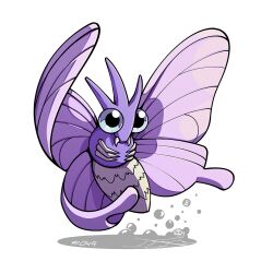  bug full_body looking_at_viewer mistray-art moth no_humans pokemon pokemon_(creature) signature simple_background solo venomoth white_background wings 