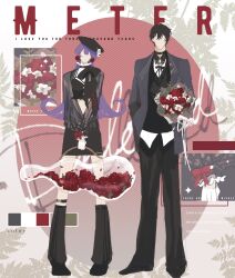  1boy 1girl absurdres alternate_costume ayn_alwyn belt_collar beret black_bow black_bowtie black_collar black_hair black_hat black_jacket black_leg_warmers black_pants black_ribbon black_shirt black_shoes black_skirt black_sweater bouquet bow bowtie center-flap_bangs chinese_commentary collar collared_shirt color_guide contrast_collar crop_top earrings english_text faceless faceless_female faceless_male facing_viewer fashion flipped_hair flower flower_earrings frilled_shirt_collar frilled_sleeves frills full_body gloves hair_between_eyes hair_ornament hairclip hand_in_pocket hat head_tilt heroine_(lovebrush_chronicles) highres holding holding_bouquet holding_case instrument_case jacket jewelry leaf leaf_background leg_warmers legwear_garter long_hair long_sleeves lovebrush_chronicles midriff miniskirt neck_ribbon open_clothes open_jacket oval_background pants pierced_hat pigeon-toed puffy_long_sleeves puffy_sleeves purple_hair red_background red_bow red_flower red_rose ribbon rose see-through_bag see-through_clothes see-through_sleeves shirt shoes short_hair side-by-side skirt sleeve_bow snow234 standing straight-on striped_background sweater transparent two-tone_background two-tone_shirt untucked_shirt v_arms violin_case white_background white_flower white_gloves white_shirt zoom_layer 