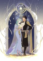  1boy 1girl baby bad_id bad_twitter_id black_boots black_hair boots carrying carrying_baby carrying_person claude_von_riegan claude_von_riegan_(timeskip) closed_eyes couple dark-skinned_male dark_skin dress female_byleth_(awakened)_(fire_emblem) female_byleth_(fire_emblem) fire_emblem fire_emblem:_three_houses full_body green_hair hand_on_own_hip head_wreath hetero high_heels highres husband_and_wife if_they_mated mayume_(mmeeeeetb) medium_hair official_alternate_hair_color short_hair standing white_dress 